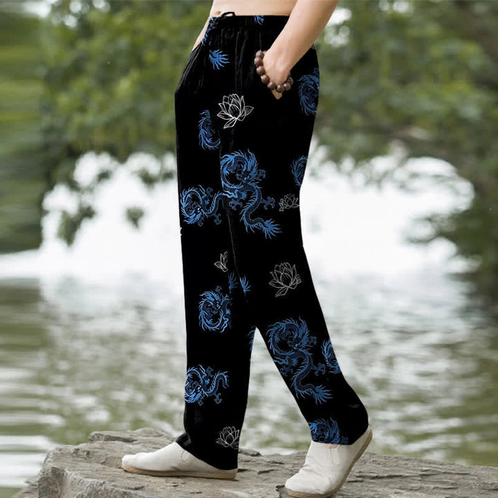 Buddha Stones Pantalones de hombre de algodón con estampado de dragón y loto, corte ajustado y bolsillos. - image 1
