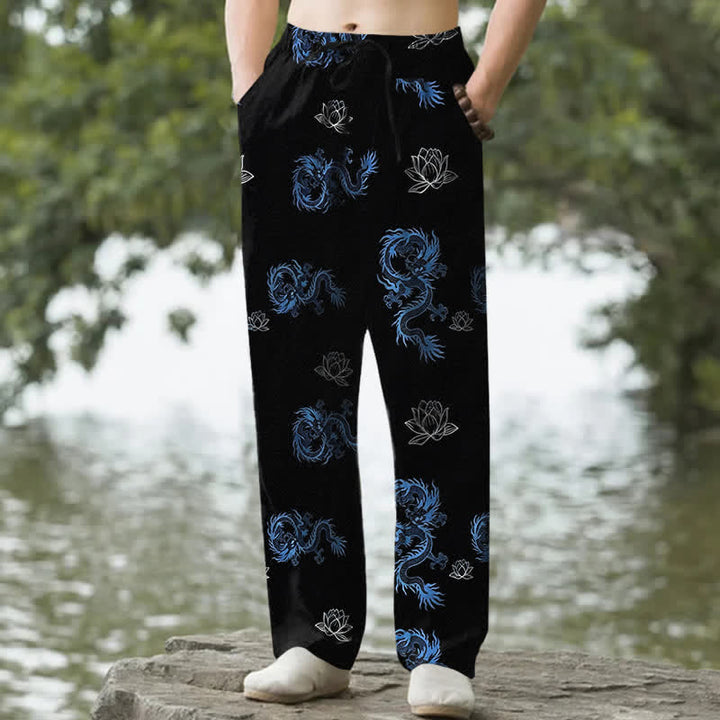 Buddha Stones Pantalones de hombre de algodón con estampado de dragón y loto, corte ajustado y bolsillos. - Negro - US/UK/AU50, EU60 (5XL) - image 0