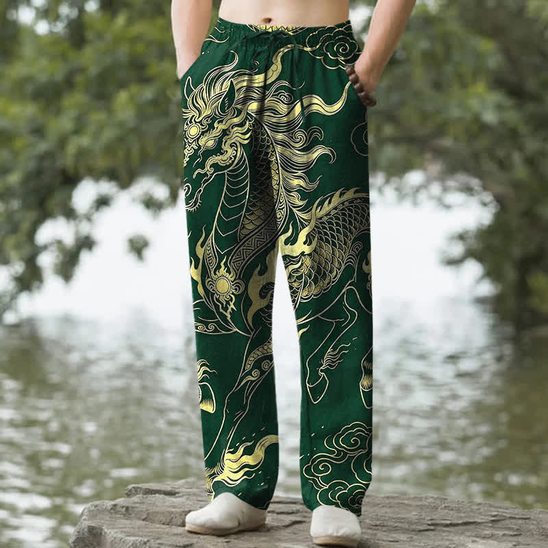 Buddha Stones Pantalones de hombre de algodón con estampado de nubes auspiciosas y dragón dorado, corte cónico y bolsillos. - Verde bosque - US/UK/AU50, EU60 (5XL) - image 4