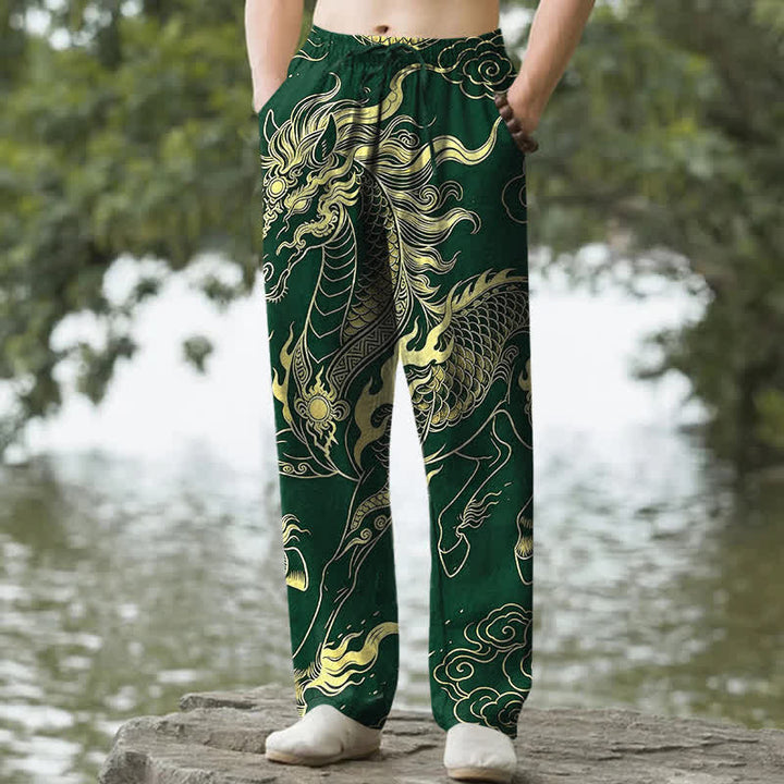 Buddha Stones Pantalones de hombre de algodón con estampado de nubes auspiciosas y dragón dorado, corte cónico y bolsillos. - Verde bosque - US/UK/AU50, EU60 (5XL) - image 4