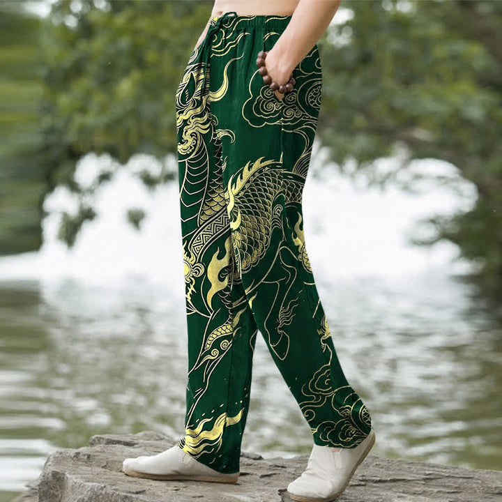 Buddha Stones Pantalones de hombre de algodón con estampado de nubes auspiciosas y dragón dorado, corte cónico y bolsillos. - image 5