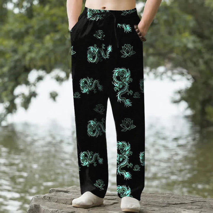 Buddha Stones Pantalones de hombre de algodón con estampado de dragón y loto, corte ajustado y bolsillos. - Aguamarina - US/UK/AU50, EU60 (5XL) - image 4