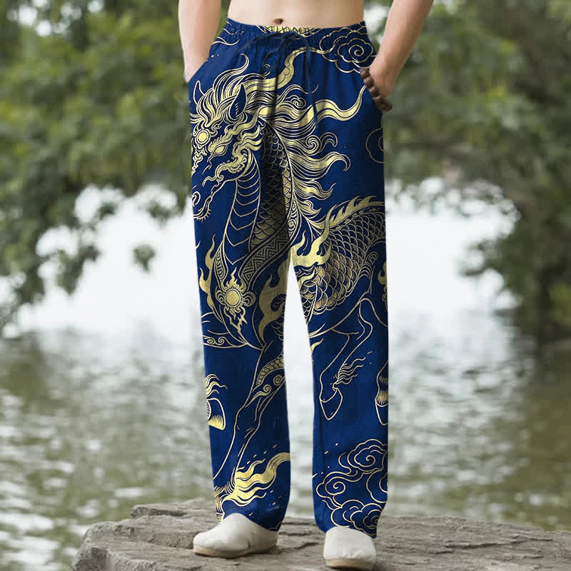 Buddha Stones Pantalones de hombre de algodón con estampado de nubes auspiciosas y dragón dorado, corte cónico y bolsillos. - Marina de guerra - US/UK/AU50, EU60 (5XL) - image 6