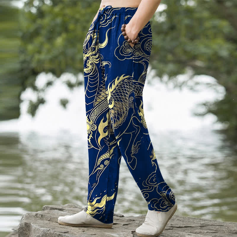 Buddha Stones Pantalones de hombre de algodón con estampado de nubes auspiciosas y dragón dorado, corte cónico y bolsillos. - image 7