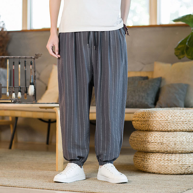 Buddha Stones Pantalones harem de verano informales para hombre, a rayas, con cordón ajustable y bolsillos. - Gris oscuro - US/UK/AU50, EU60 (5XL) - image 0