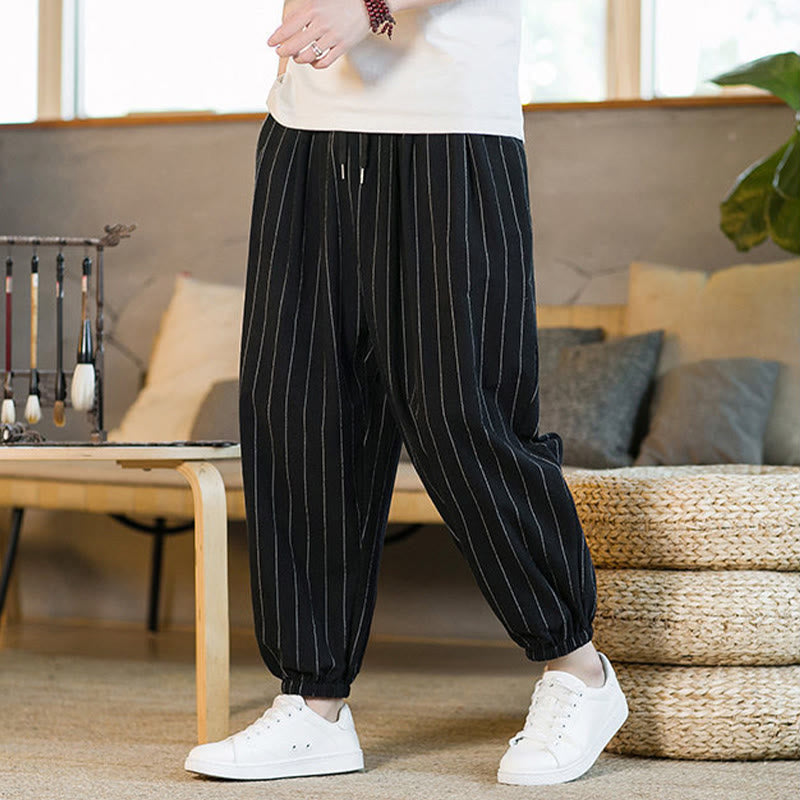 Buddha Stones Pantalones harem de verano informales para hombre, a rayas, con cordón ajustable y bolsillos. - image 11