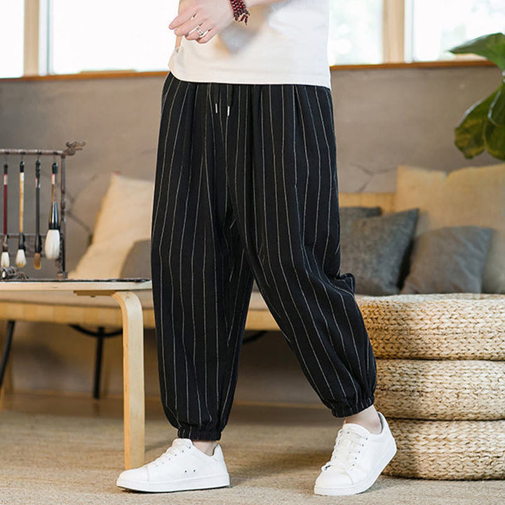 Buddha Stones Pantalones harem de verano informales para hombre, a rayas, con cordón ajustable y bolsillos. - image 11