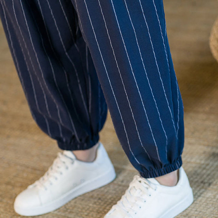 Buddha Stones Pantalones harem de verano informales para hombre, a rayas, con cordón ajustable y bolsillos. - image 31