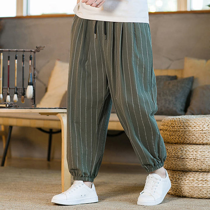 Buddha Stones Pantalones harem de verano informales para hombre, a rayas, con cordón ajustable y bolsillos. - image 39