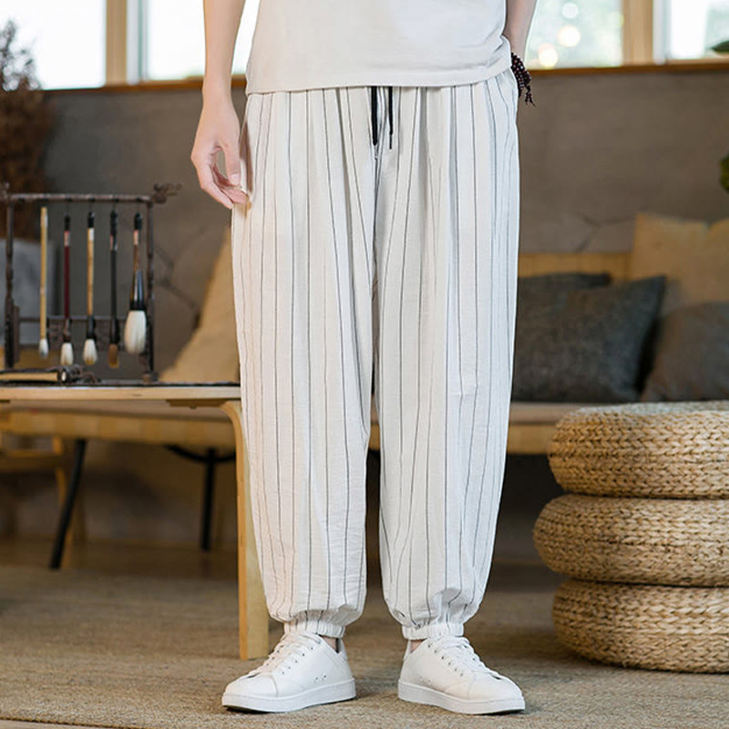 Buddha Stones Pantalones harem de verano informales para hombre, a rayas, con cordón ajustable y bolsillos. - Humo blanco - US/UK/AU50, EU60 (5XL) - image 42