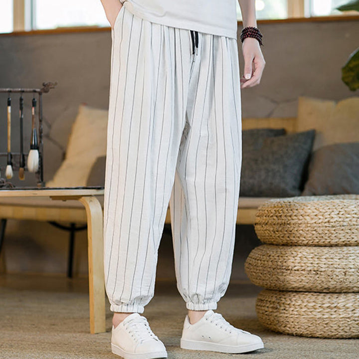 Buddha Stones Pantalones harem de verano informales para hombre, a rayas, con cordón ajustable y bolsillos. - image 45