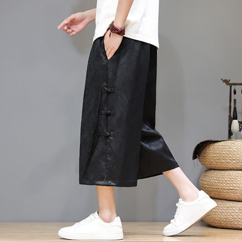 Buddha Stones Pantalones rectos de pierna ancha para hombre con botones laterales y bolsillos, estilo Summer Tang. - image 1