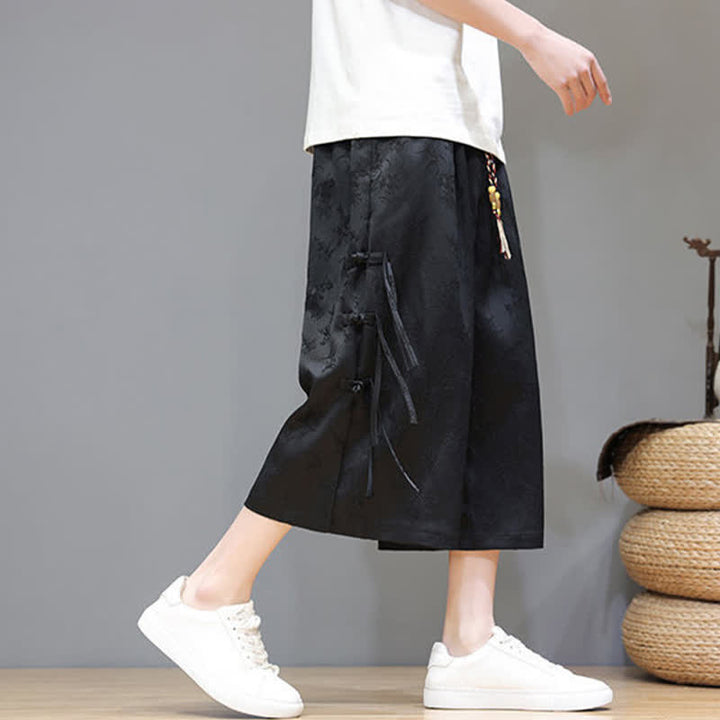 Buddha Stones Pantalones rectos de pierna ancha para hombre con botones laterales y bolsillos, estilo Summer Tang. - image 3