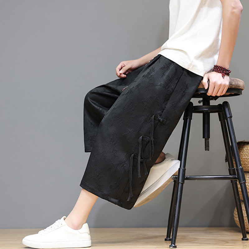 Buddha Stones Pantalones rectos de pierna ancha para hombre con botones laterales y bolsillos, estilo Summer Tang. - image 7