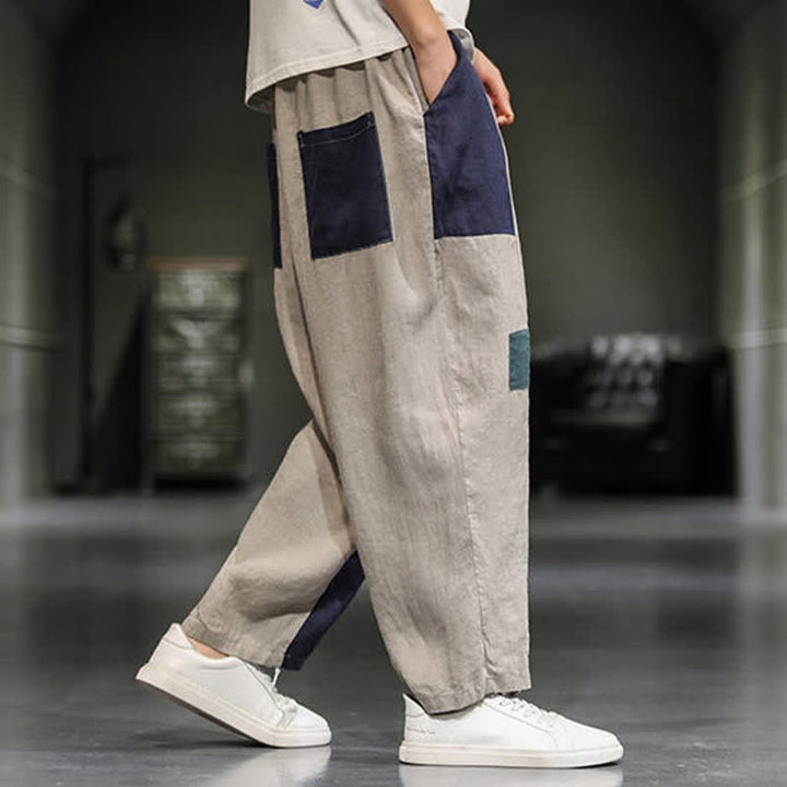 Buddha Stones Pantalones harem cortos para hombre, de algodón y lino, con bloques de color, estilo casual de primavera y con bolsillos. - image 2