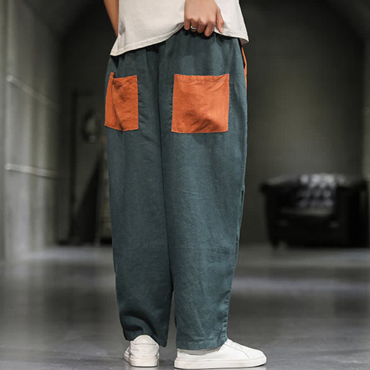Buddha Stones Pantalones harem cortos para hombre, de algodón y lino, con bloques de color, estilo casual de primavera y con bolsillos. - image 14
