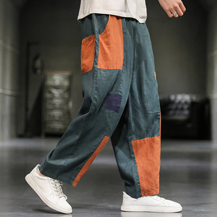 Buddha Stones Pantalones harem cortos para hombre, de algodón y lino, con bloques de color, estilo casual de primavera y con bolsillos. - image 12