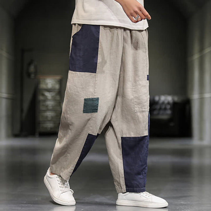 Buddha Stones Pantalones harem cortos para hombre, de algodón y lino, con bloques de color, estilo casual de primavera y con bolsillos. - image 1