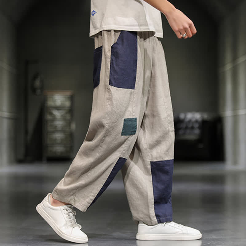 Buddha Stones Pantalones harem cortos para hombre, de algodón y lino, con bloques de color, estilo casual de primavera y con bolsillos. - image 3