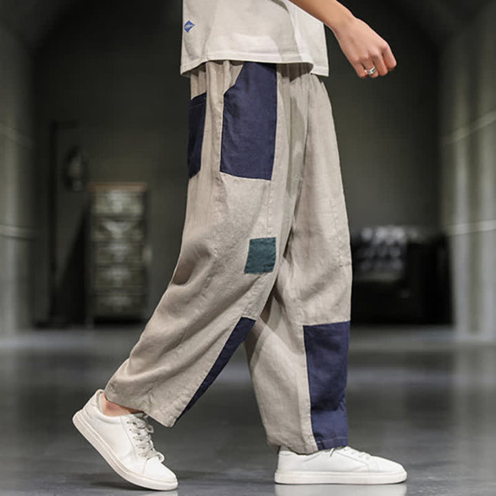 Buddha Stones Pantalones harem cortos para hombre, de algodón y lino, con bloques de color, estilo casual de primavera y con bolsillos. - image 3