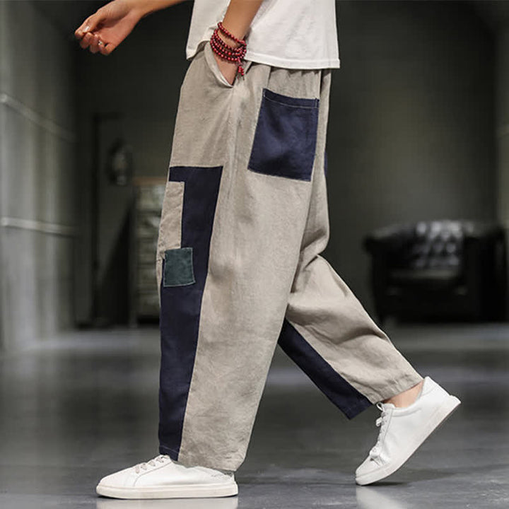Buddha Stones Pantalones harem cortos para hombre, de algodón y lino, con bloques de color, estilo casual de primavera y con bolsillos. - image 5