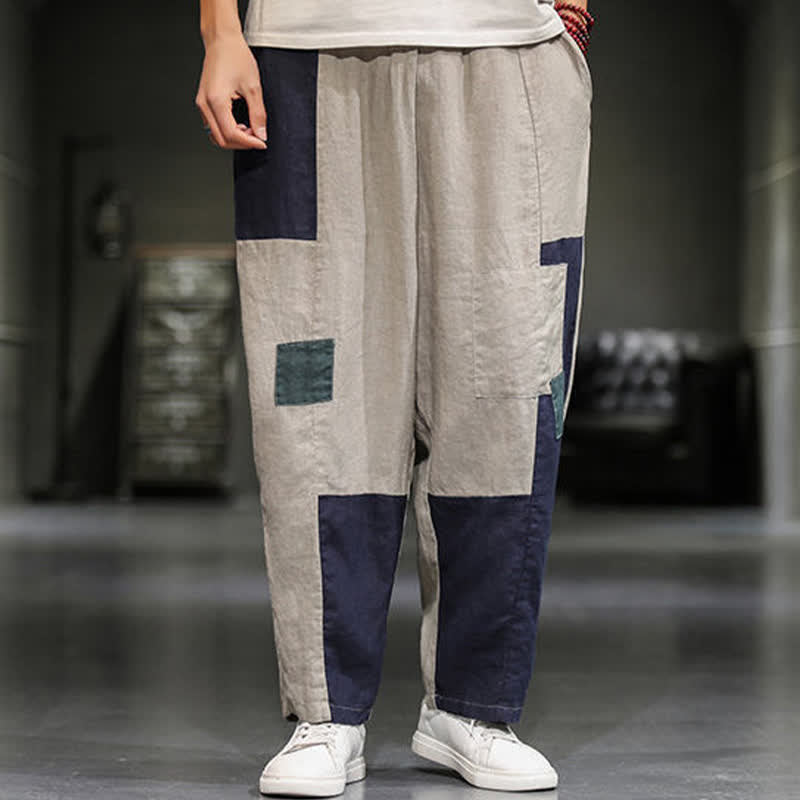 Buddha Stones Pantalones harem cortos para hombre, de algodón y lino, con bloques de color, estilo casual de primavera y con bolsillos. - image 6