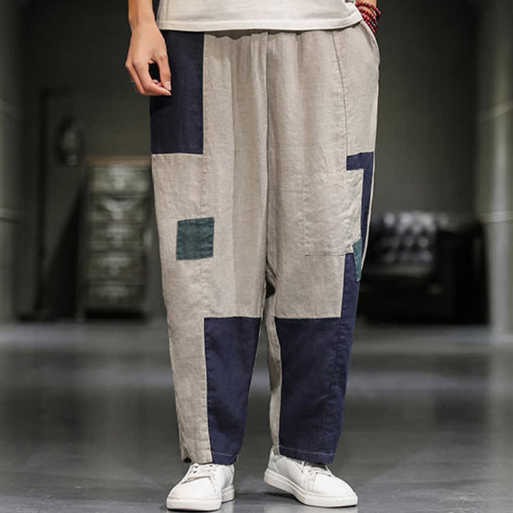 Buddha Stones Pantalones harem cortos para hombre, de algodón y lino, con bloques de color, estilo casual de primavera y con bolsillos. - image 6