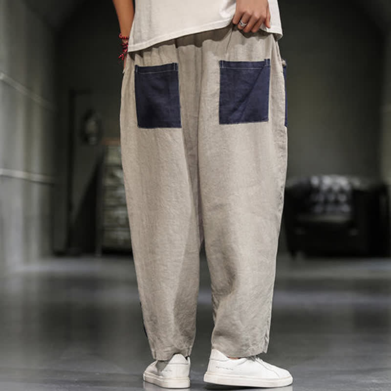 Buddha Stones Pantalones harem cortos para hombre, de algodón y lino, con bloques de color, estilo casual de primavera y con bolsillos. - image 4