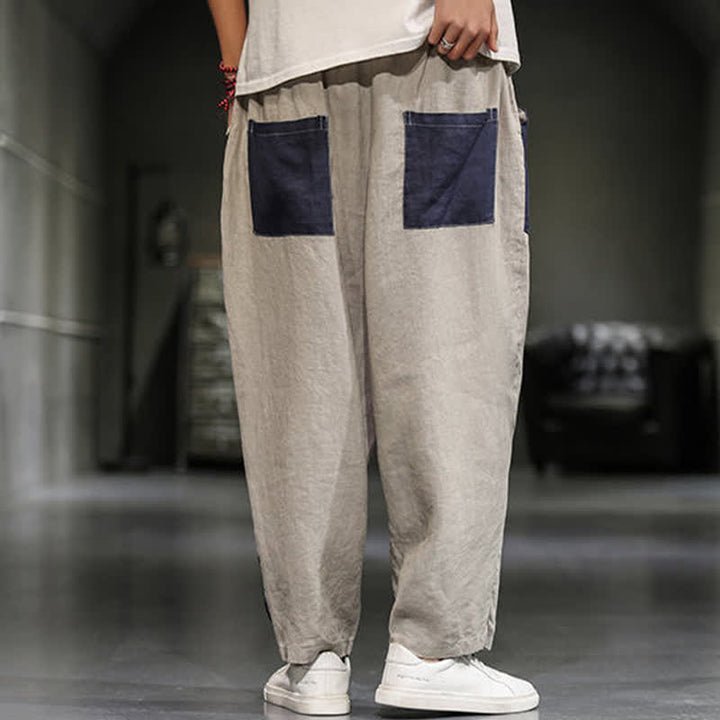 Buddha Stones Pantalones harem cortos para hombre, de algodón y lino, con bloques de color, estilo casual de primavera y con bolsillos. - image 4