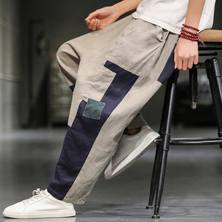 Buddha Stones Pantalones harem cortos para hombre, de algodón y lino, con bloques de color, estilo casual de primavera y con bolsillos. - image 9