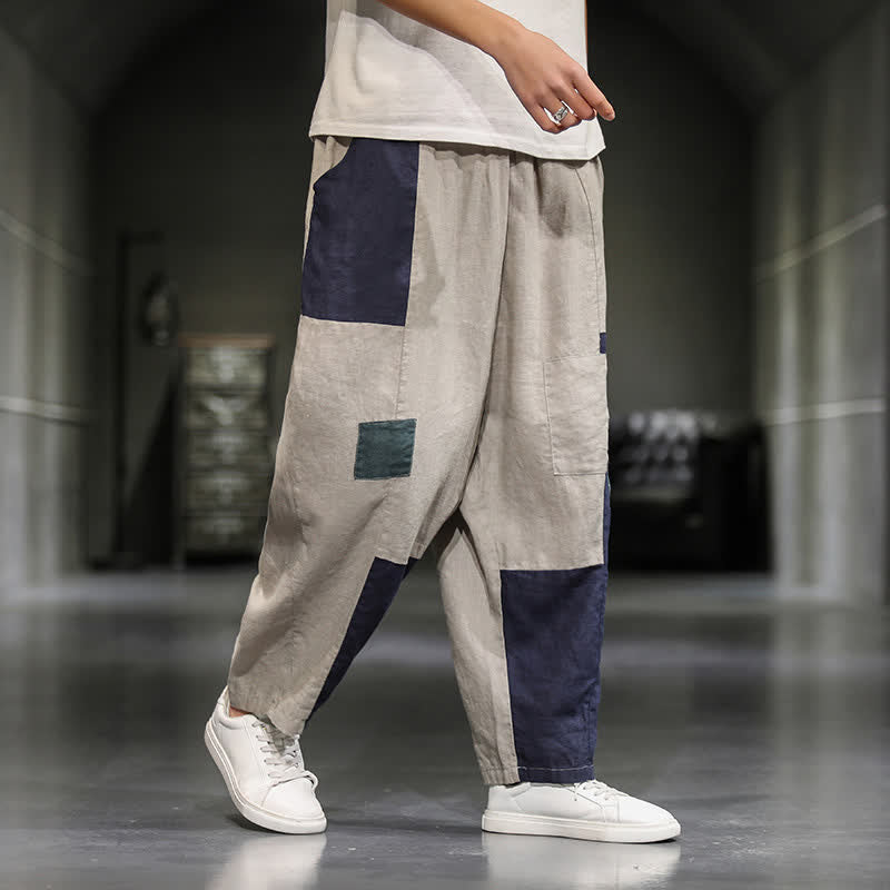 Buddha Stones Pantalones harem cortos para hombre, de algodón y lino, con bloques de color, estilo casual de primavera y con bolsillos. - image 7