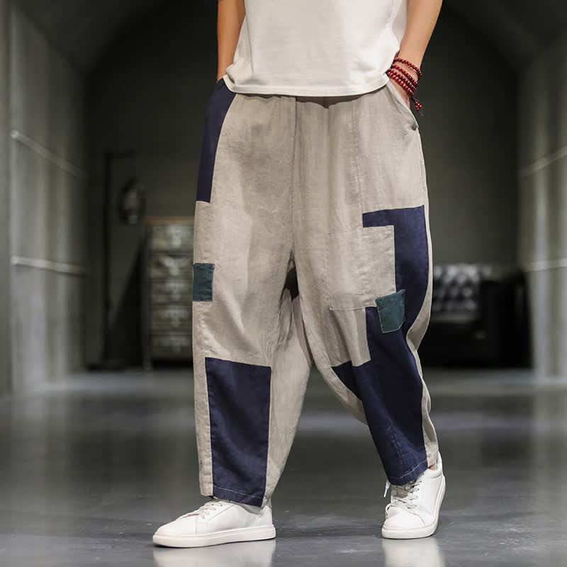 Buddha Stones Pantalones harem cortos para hombre, de algodón y lino, con bloques de color, estilo casual de primavera y con bolsillos. - image 8