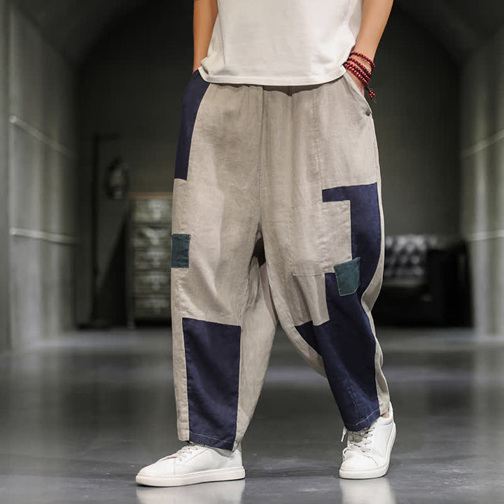 Buddha Stones Pantalones harem cortos para hombre, de algodón y lino, con bloques de color, estilo casual de primavera y con bolsillos. - image 8