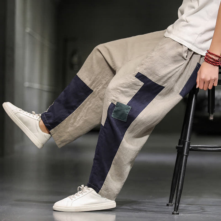 Buddha Stones Pantalones harem cortos para hombre, de algodón y lino, con bloques de color, estilo casual de primavera y con bolsillos. - image 10