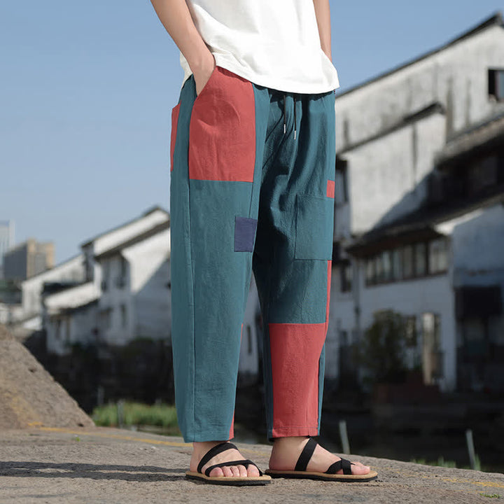 Buddha Stones Pantalones harem cortos para hombre, de algodón y lino, con bloques de color, estilo casual de primavera y con bolsillos. - image 13