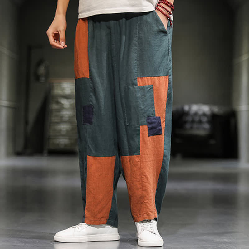 Buddha Stones Pantalones harem cortos para hombre, de algodón y lino, con bloques de color, estilo casual de primavera y con bolsillos. - image 15