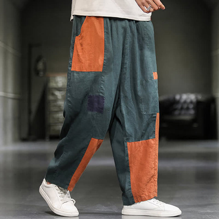 Buddha Stones Pantalones harem cortos para hombre, de algodón y lino, con bloques de color, estilo casual de primavera y con bolsillos. - image 16