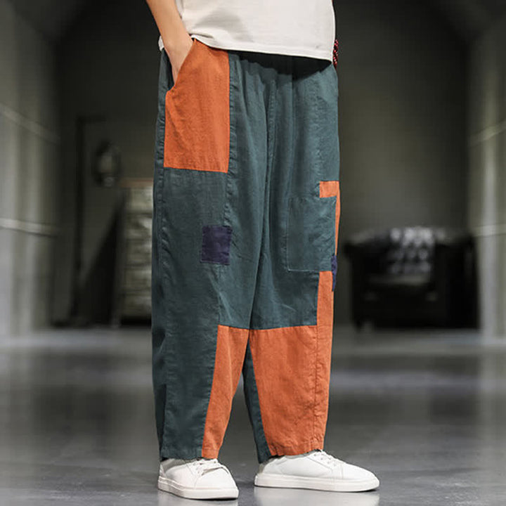 Buddha Stones Pantalones harem cortos para hombre, de algodón y lino, con bloques de color, estilo casual de primavera y con bolsillos. - image 17