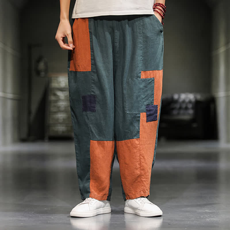 Buddha Stones Pantalones harem cortos para hombre, de algodón y lino, con bloques de color, estilo casual de primavera y con bolsillos. - Azul cadete - US/UK/AU48，EU58(5XL) - image 11