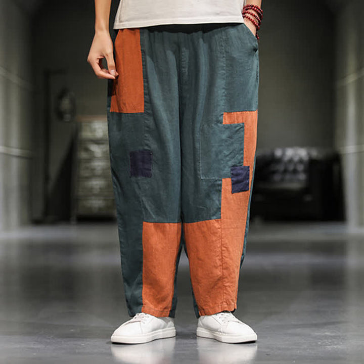 Buddha Stones Pantalones harem cortos para hombre, de algodón y lino, con bloques de color, estilo casual de primavera y con bolsillos. - Azul cadete - US/UK/AU48，EU58(5XL) - image 11