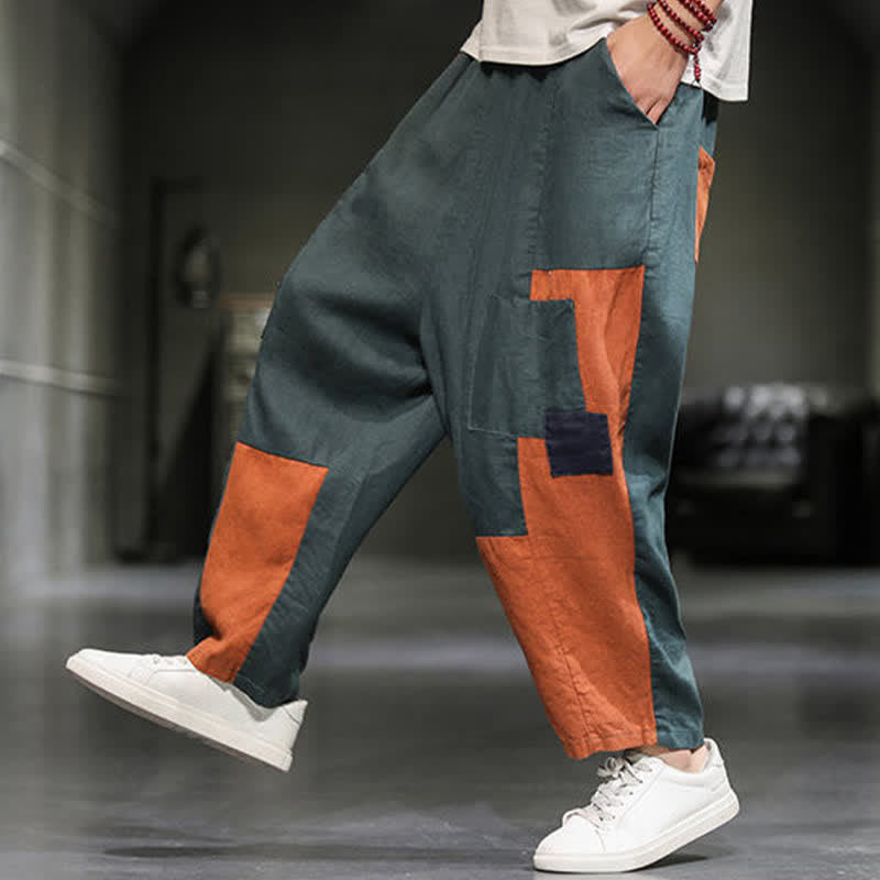 Buddha Stones Pantalones harem cortos para hombre, de algodón y lino, con bloques de color, estilo casual de primavera y con bolsillos. - image 19