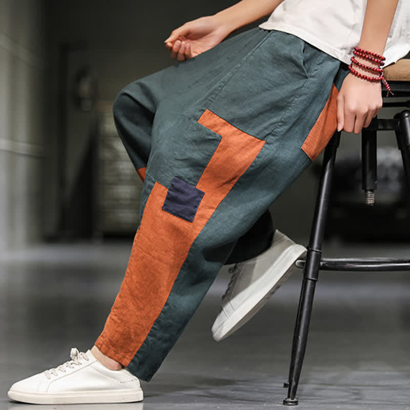 Buddha Stones Pantalones harem cortos para hombre, de algodón y lino, con bloques de color, estilo casual de primavera y con bolsillos. - image 18