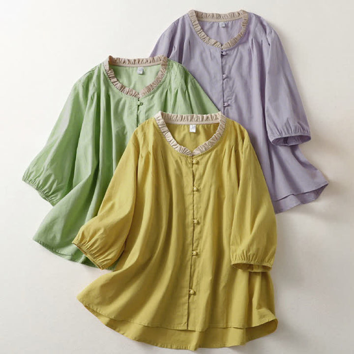 Buddha Stones Camisa de manga corta de algodón para mujer, estilo casual de verano, con botones, cuello con volantes y color liso. - image 19