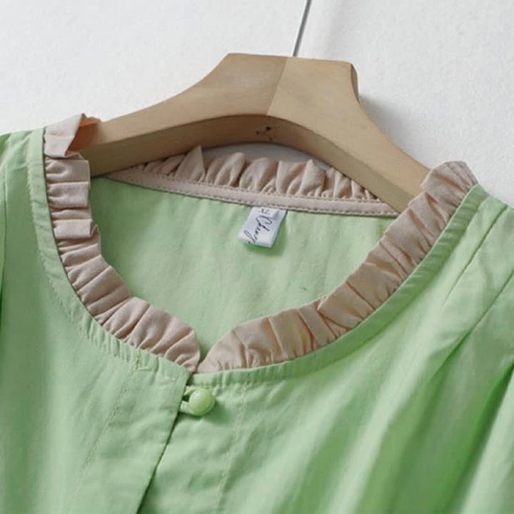 Buddha Stones Camisa de manga corta de algodón para mujer, estilo casual de verano, con botones, cuello con volantes y color liso. - image 13