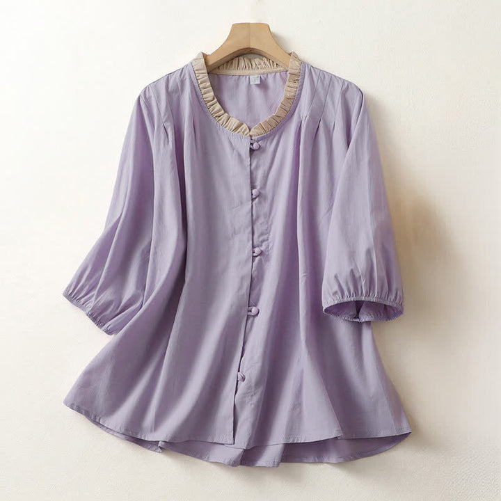 Buddha Stones Camisa de manga corta de algodón para mujer, estilo casual de verano, con botones, cuello con volantes y color liso. - Lavanda - US8-10，UK/AU12-14，EU40-42 (2XL) - image 7