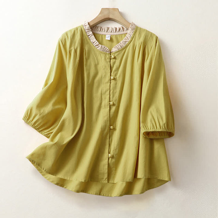 Buddha Stones Camisa de manga corta de algodón para mujer, estilo casual de verano, con botones, cuello con volantes y color liso. - vara de oro - US8-10，UK/AU12-14，EU40-42 (2XL) - image 0