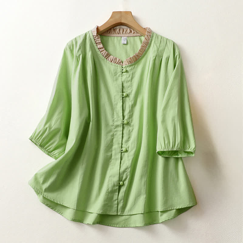Buddha Stones Camisa de manga corta de algodón para mujer, estilo casual de verano, con botones, cuello con volantes y color liso. - Verde pálido - US8-10，UK/AU12-14，EU40-42 (2XL) - image 12