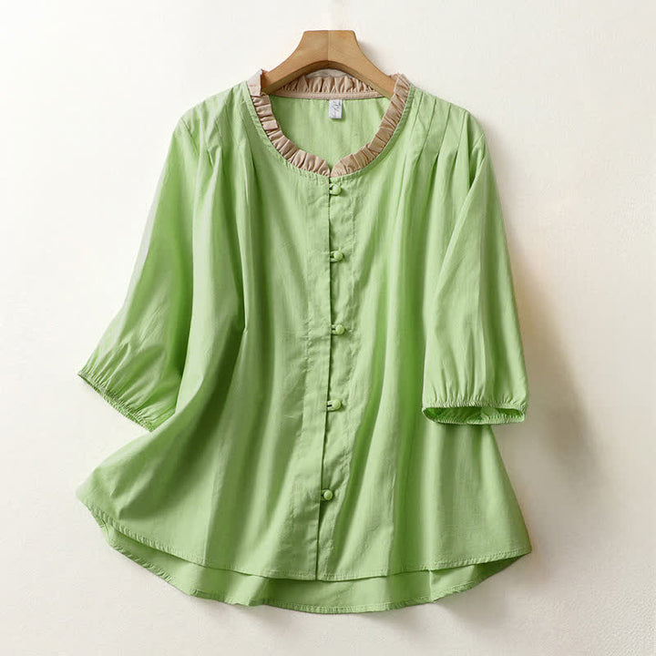 Buddha Stones Camisa de manga corta de algodón para mujer, estilo casual de verano, con botones, cuello con volantes y color liso. - Verde pálido - US8-10，UK/AU12-14，EU40-42 (2XL) - image 12