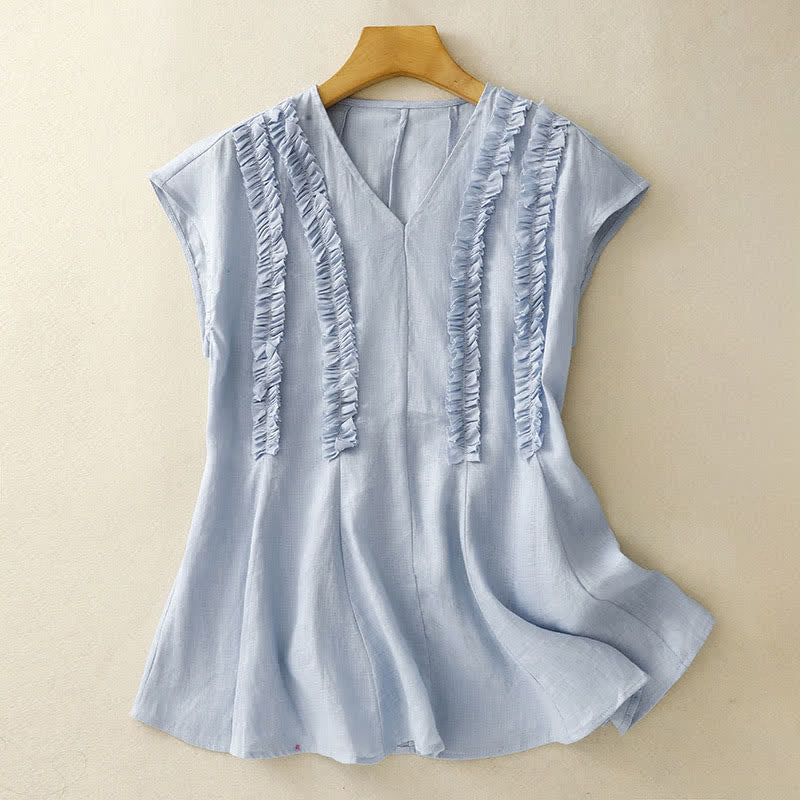 Buddha Stones Camiseta sin mangas de verano informal para mujer con cuello en V, volantes verticales y pliegues. - image 0
