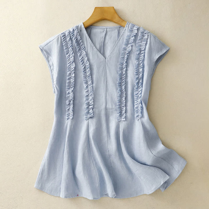Buddha Stones Camiseta sin mangas de verano informal para mujer con cuello en V, volantes verticales y pliegues. - image 0